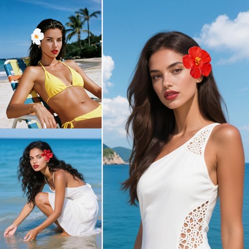 6 Pcs Hawaiian Flower Hair Clips 3.5 Inch Plumeria Hibiscus Barrettes