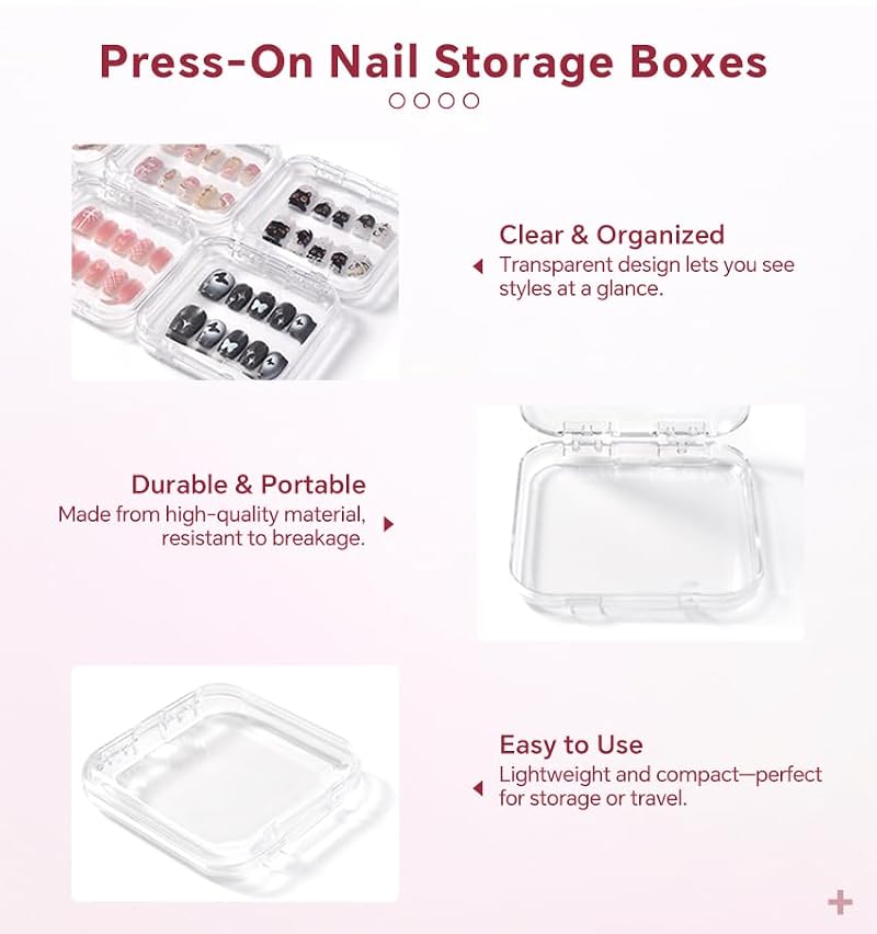 KADS 6-Pack Clear Nail Storage Boxes with Pre-Cut Adhesive Tapes, Portable Organizer for Press-On & Gel Nails