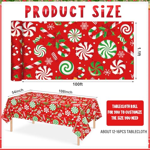 Christmas Candy Cane Plastic Tablecloth Roll - Red & Green, 4.5x100 ft, Disposable Holiday Party Decor