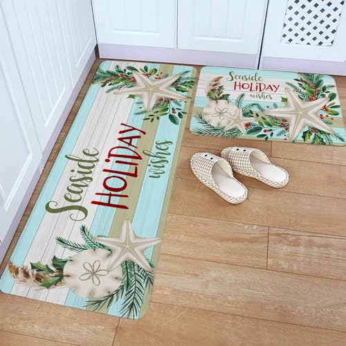 Christmas Coastal Kitchen Rugs 2-Piece Set Non-Slip Absorbent Mats - 16x24 & 16x47 Variation of THIS listing