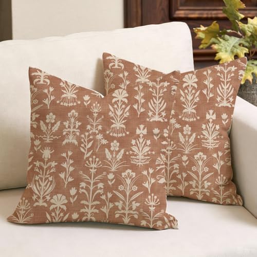 RABUSOFA Floral Throw Pillow Covers Set of 2, 18x18 in Vintage Cognac