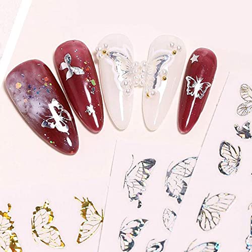 Vezocim 7 Sheets Silver Nail Art Stickers 3D Butterfly Heart Decals