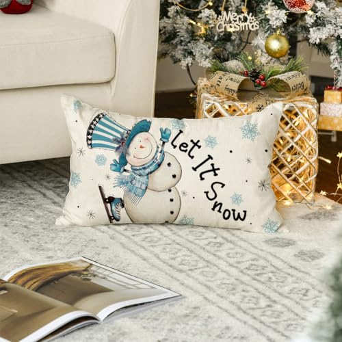 RABUSOFA Christmas Lumbar Pillow Cover, 12x20 Inch Blue Snowman Snowflake