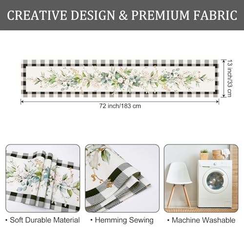 Bonhause Eucalyptus Leaves Table Runner 13x72 Inch - Black White Plaid