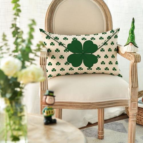 St. Patrick's Day Clover Throw Pillow Cover - 12x20 Inch Shamrock Cushion Case