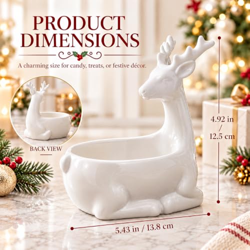Christmas Reindeer Ceramic Candy Bowl White Reindeer - Holiday Table Decor