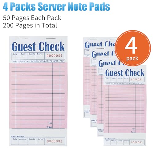 ZPARIK 4 Pack Guest Check Books for Servers - 200 Durable Tickets