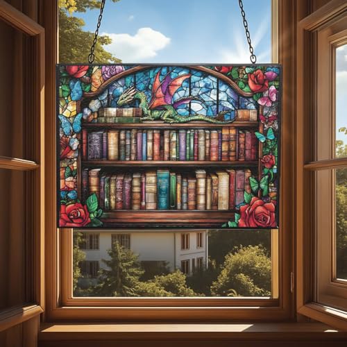 Whimsical Dragon on Bookshelves Stained Glass Suncatcher - Rectangular