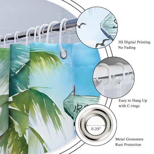 Riyidecor Tropical Palm Tree Shower Curtain 72x72 Inches with 12 Hooks - Coastal Beach Nautical Design Waterproof Fabric