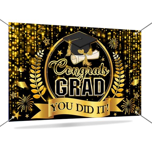 Congrats Grad Banner - Class of 2026 Black & Gold Backdrop