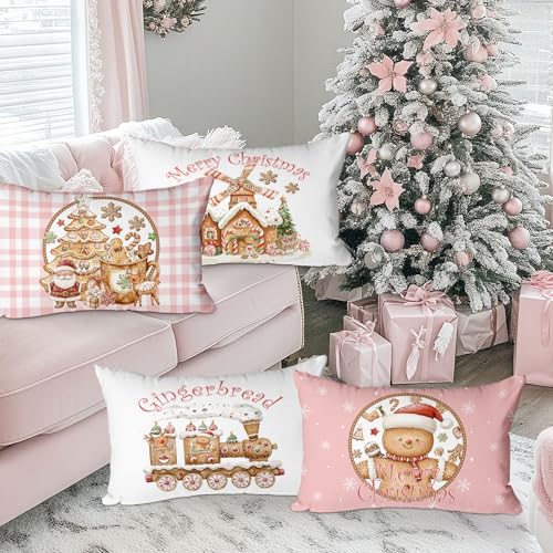 Christmas Throw Pillow Covers Set of 4 - 12x20 Pink Decorative Cushions