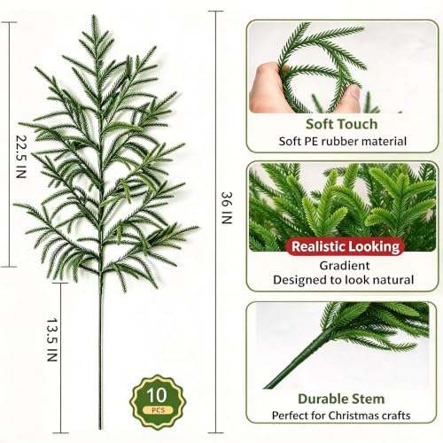 36 Inch Artificial Norfolk Pine Stems - Long Realistic Branches for Holiday Decor - 10 Pack