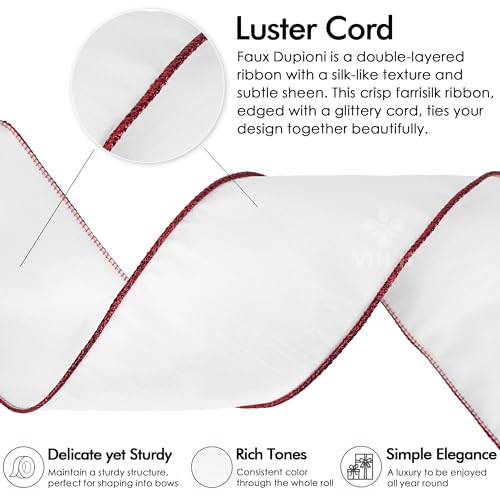 White & Red Edge Faux Dupioni Silk Wired Ribbon 4 Inch x 10 Yards - Christmas & Gift Wrap