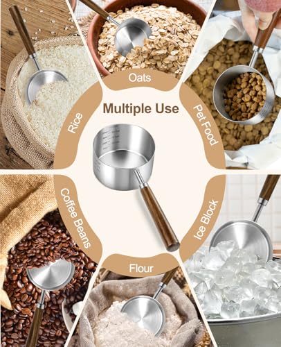 1 Cup Stainless Steel Dog Food Scoop with Wooden Handle