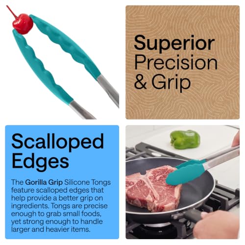 Gorilla Grip 2-Pack Stainless Steel Kitchen Tongs with Silicone Tips - Turquoise, 7 & 9 Inches