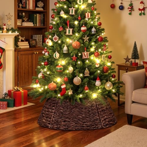 Lanpn 28 Inch Rattan Christmas Tree Collar - Brown Woven Wicker Tree Skirt for Small Artificial Trees