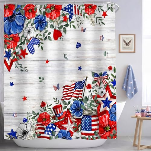 4th of July Shower Curtain - Patriotic American Flag Decor, 72 x 71 Inch with Hooks