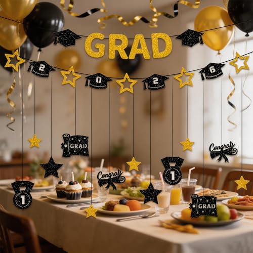 Class of 2026 Graduation Banner Set - Black & Gold Glitter Decor