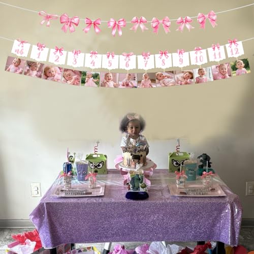 Pre-Strung Pink Bow 1st Birthday Photo Banner with Clips