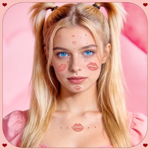 Doneace Red Face Gems and Heart Rhinestone Stickers for Festival Makeup 4Pcs