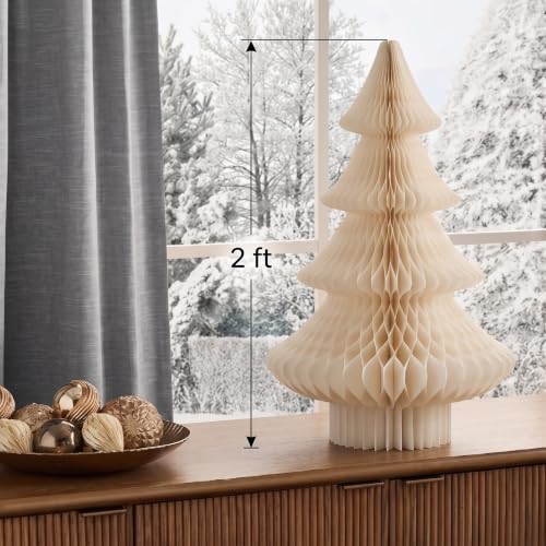 2 Ft Beige White Honeycomb Paper Christmas Tree - Small Festive Decor