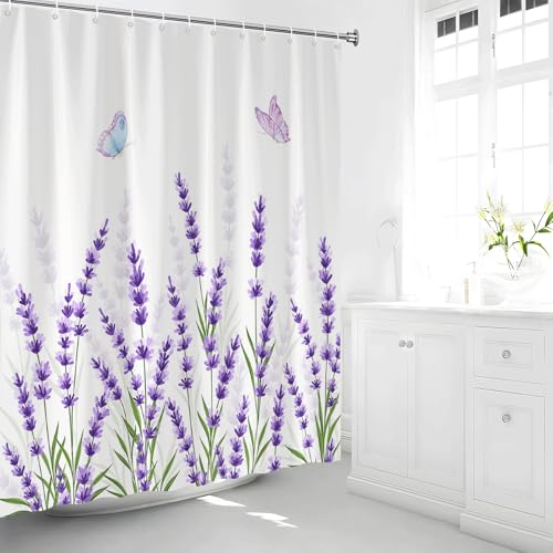Lavender Floral Shower Curtain - 70x70 inch Polyester Bathroom Decor Set with Hooks
