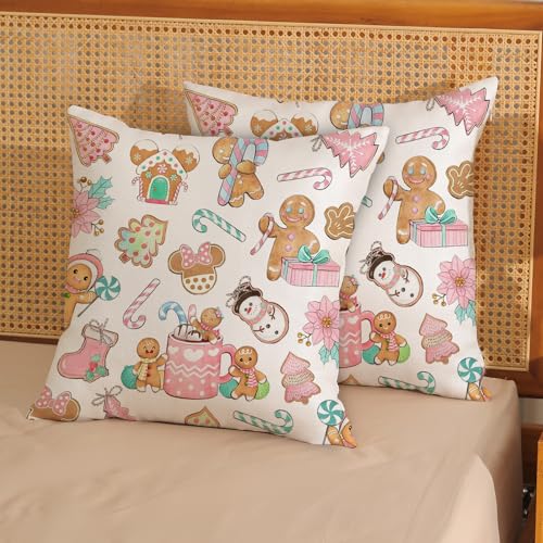 Pink Gingerbread Man Christmas Pillow Covers 18x18 - Set of 2
