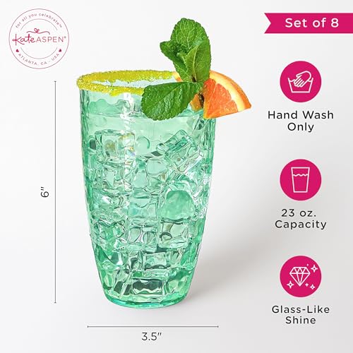 Kate Aspen Hammered Teal Plastic Drinking Glasses Set of 8, 23 oz, Acrylic Glasses Drinkware, Tumblers & Water Glasses for Patio, Iced Tea, Smoothies, BPA-Free Plastic Cups Reusable