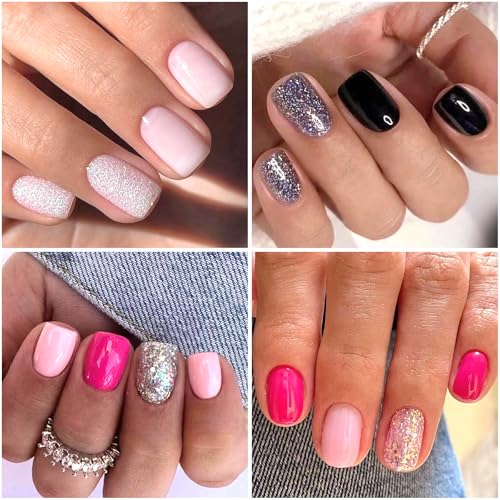 EternalClassic Short Square Press on Nails Kit - 96 Pcs Glossy Acrylic Fake Nails with Glitter Designs