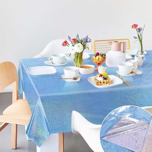 Light Blue Iridescent Plastic Tablecloth - 54 x 108 Inch Disposable Glitz Party Cover, FALIZIFU