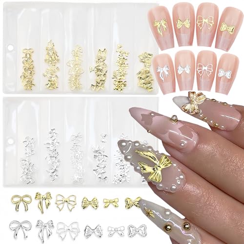 400Pcs Gold and Silver Bow Nail Charms Shiny Rhinestone Bows for DIY Manicure