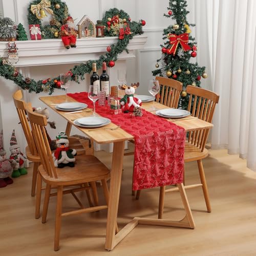 Christmas Quilted Plush Table Runner Red 13x37 Inches with Sequin Tree Design