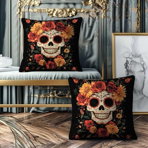 Sugar Skull Decorative Pillow Covers Set of 2 | 18x18 Inch Floral Art for Halloween & Day of the Dead