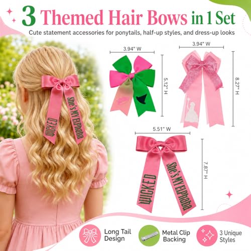 Pink Satin Glitter Hair Bow Clips 3-Pack Long Tail Barrettes