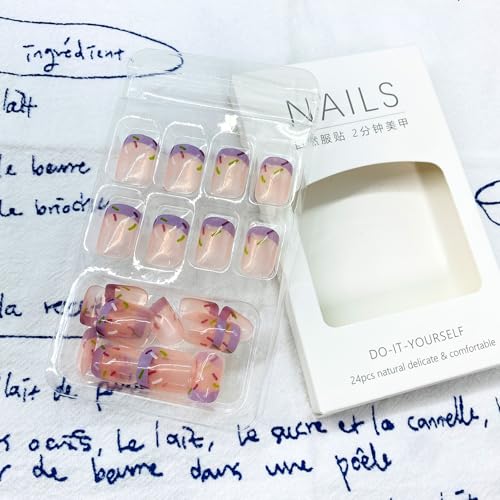 Purple French Tip Press on Nails Short Square False Nails 24Pcs