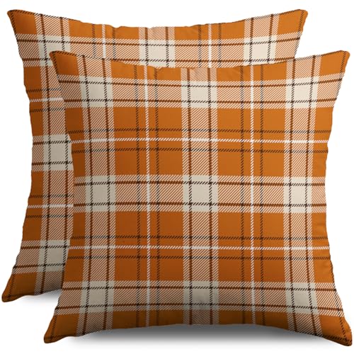 Fall Plaid Pillow Covers 18x18, Set of 2 Burnt Orange Cream Cotton Linen