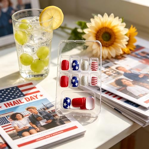 4th of July Press on Nails Short Square Blue Star False Nails