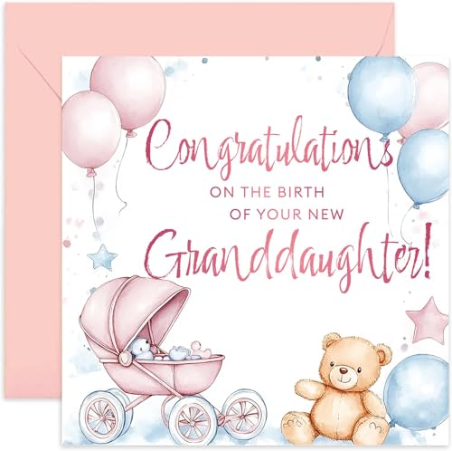 Congratulations Baby Girl Greeting Card - Newborn Welcome, Pink Balloons, Pram - Gift for Grandparents