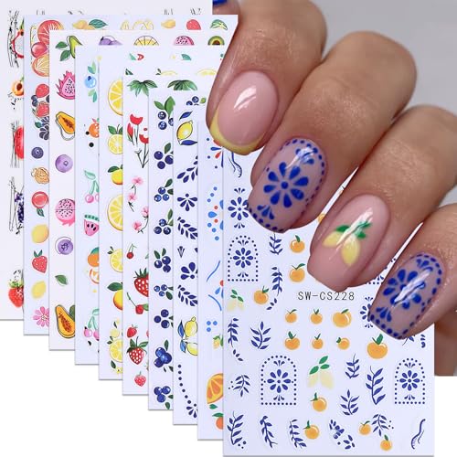 Summer Fruit Nail Stickers 10 Sheets 3D Adhesive Lemon Strawberry Decals