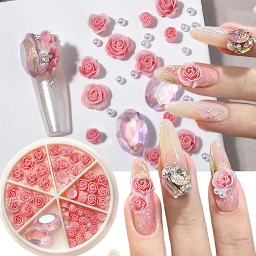 Pink 3D Resin Rose Camellia Nail Art Charms with Pearls and Rhinestones