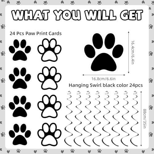 24 Pcs Black & White Dog Paw Prints Party Hanging Swirls