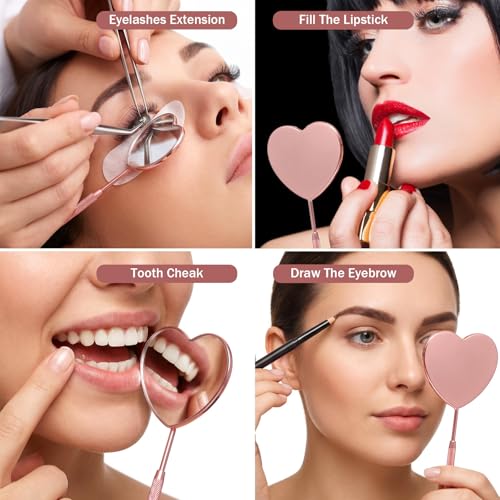 Lash Mirror for Eyelash Extensions - 2Pcs Stainless Steel Heart Handheld Detachable Rose Gold