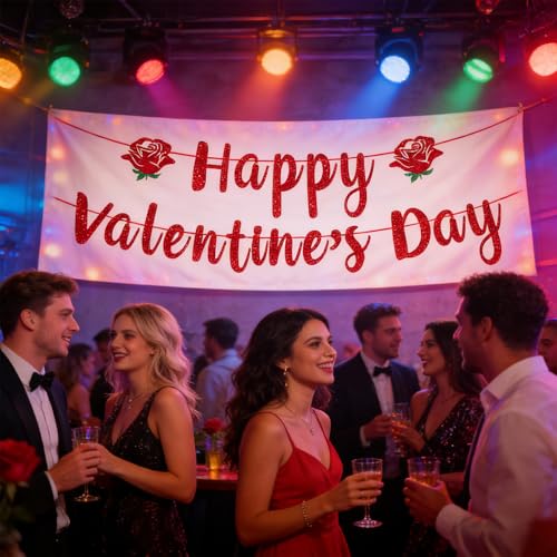Glitter Happy Valentine's Day Banner - Festive Party Decor