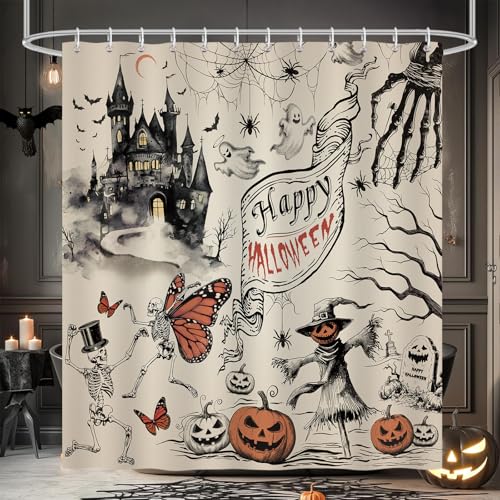 Vintage Halloween Shower Curtain, Spooky Gothic Castle Design 72x72