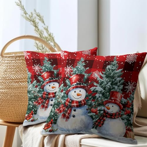 18x18 Inch Snowman Pillow Covers Set of 2 Red Check Christmas Holiday Decor