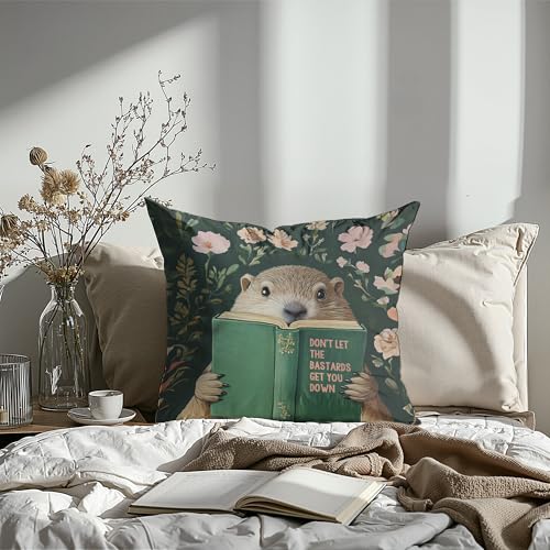 Groundhog Reading Motivational Throw Pillow Cover Set of 2 - 18x18 Flannel for Home & Office Decor