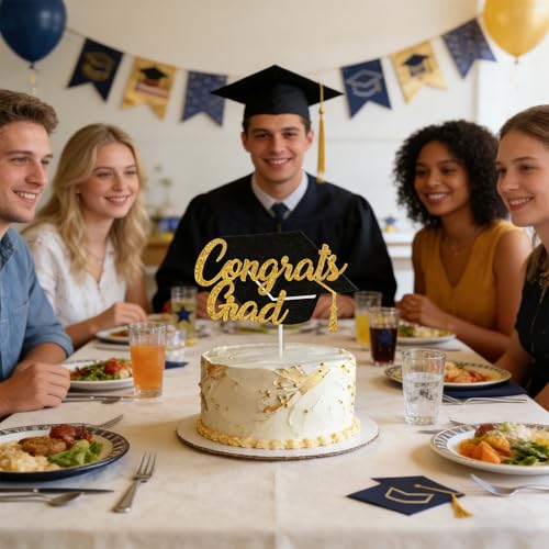 Congrats Grad Cake Topper - Class of 2026 Black Gold Decoration