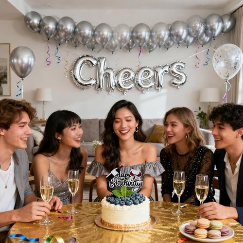 Black Glitter Happy Birthday Cake Topper with Wine Glasses