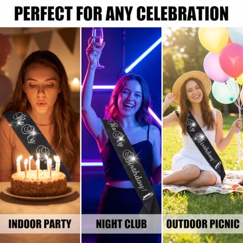 It's My Birthday Black Glitter Sash with Pearl Pin for Women