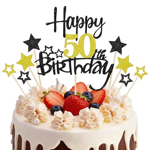Black and Gold 50th Birthday Cake Topper Set - 9 Piece Glitter Decor